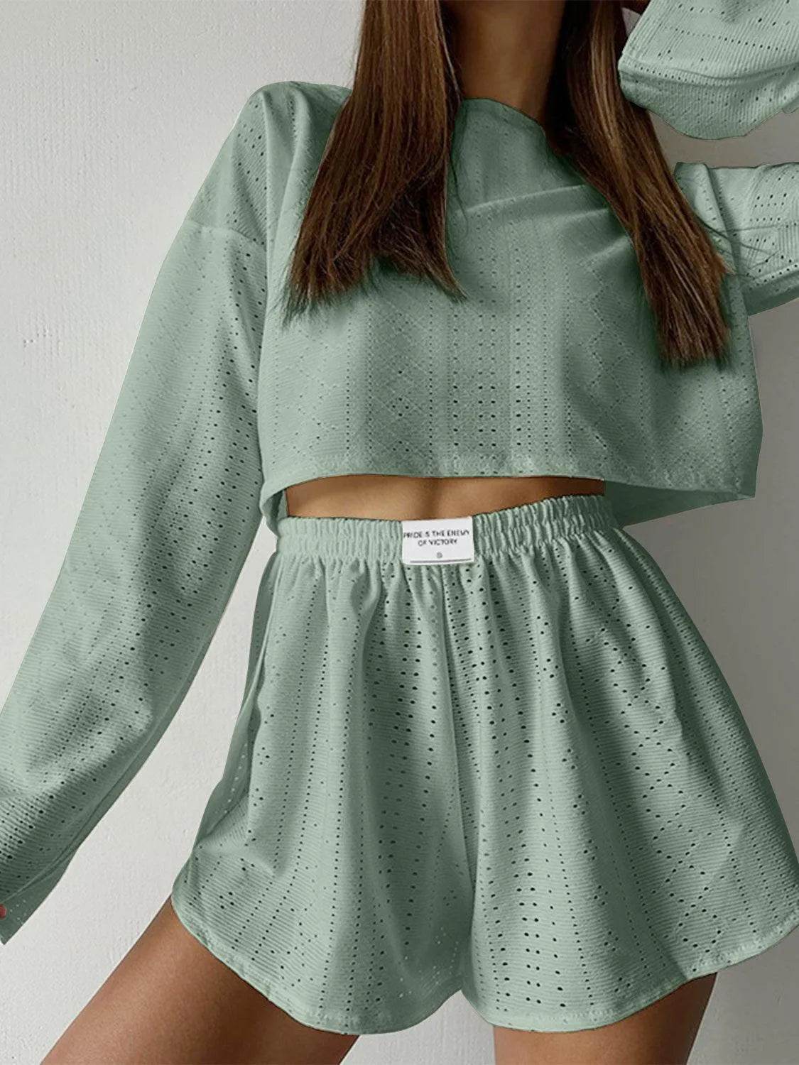 Bona Fide Fashion - Eyelet Round Neck Top and Shorts Set - Women Fashion - Bona Fide Fashion