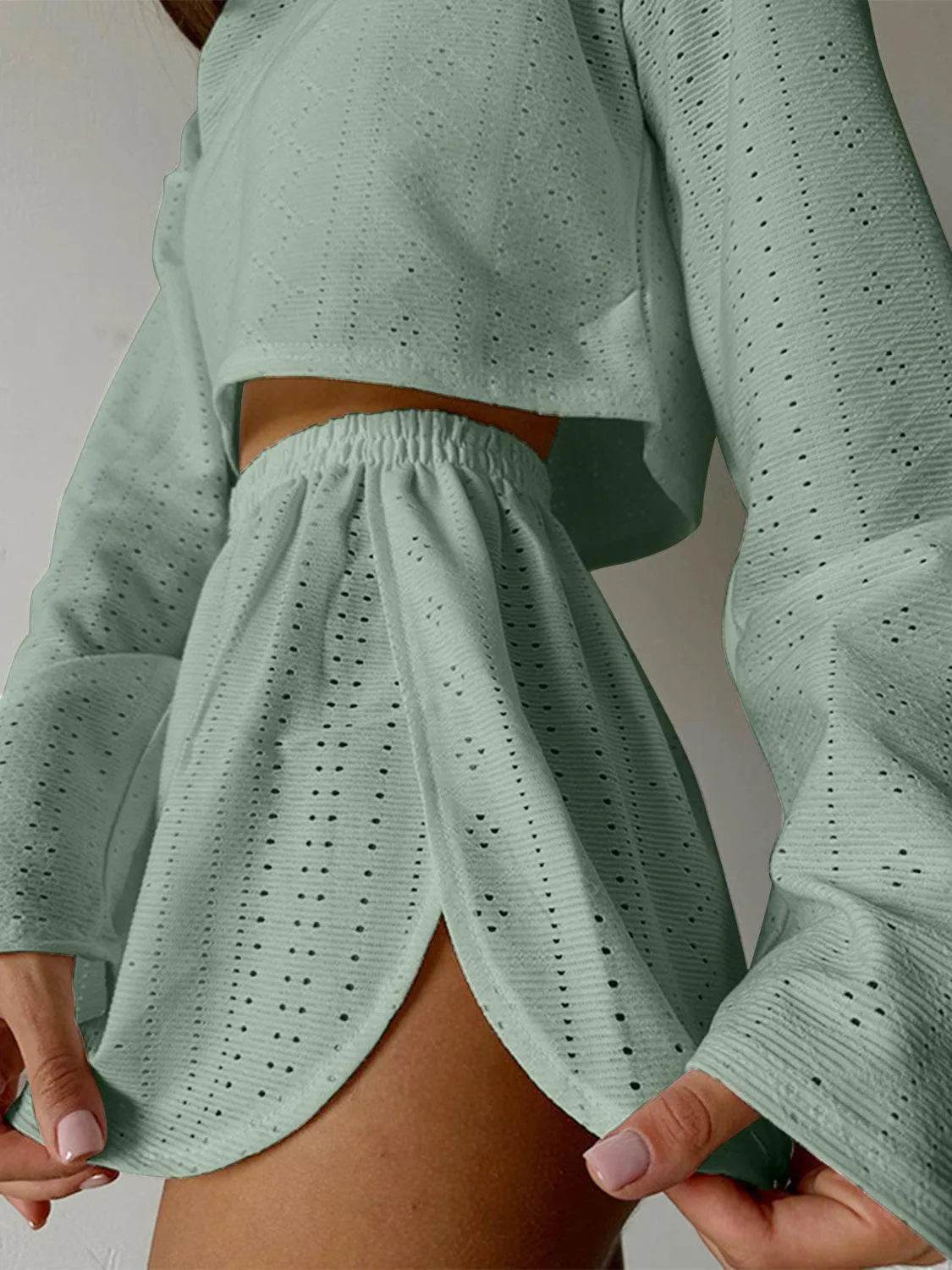 Bona Fide Fashion - Eyelet Round Neck Top and Shorts Set - Women Fashion - Bona Fide Fashion