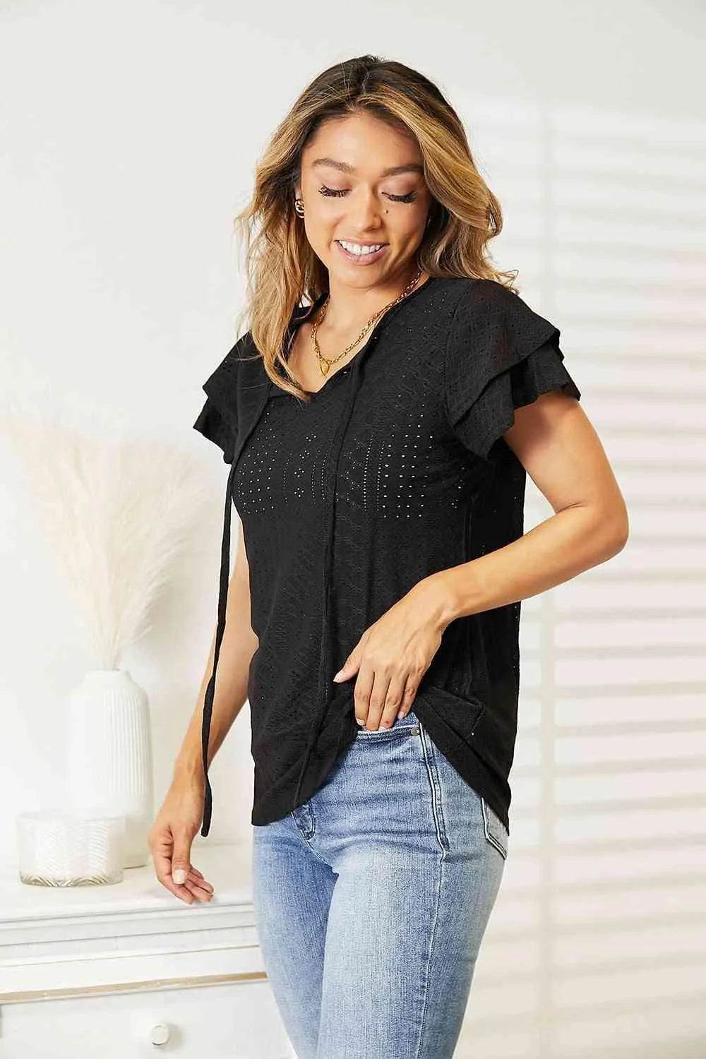 Bona Fide Fashion - Eyelet Tie-Neck Flutter Sleeve Blouse - Women Fashion - Bona Fide Fashion