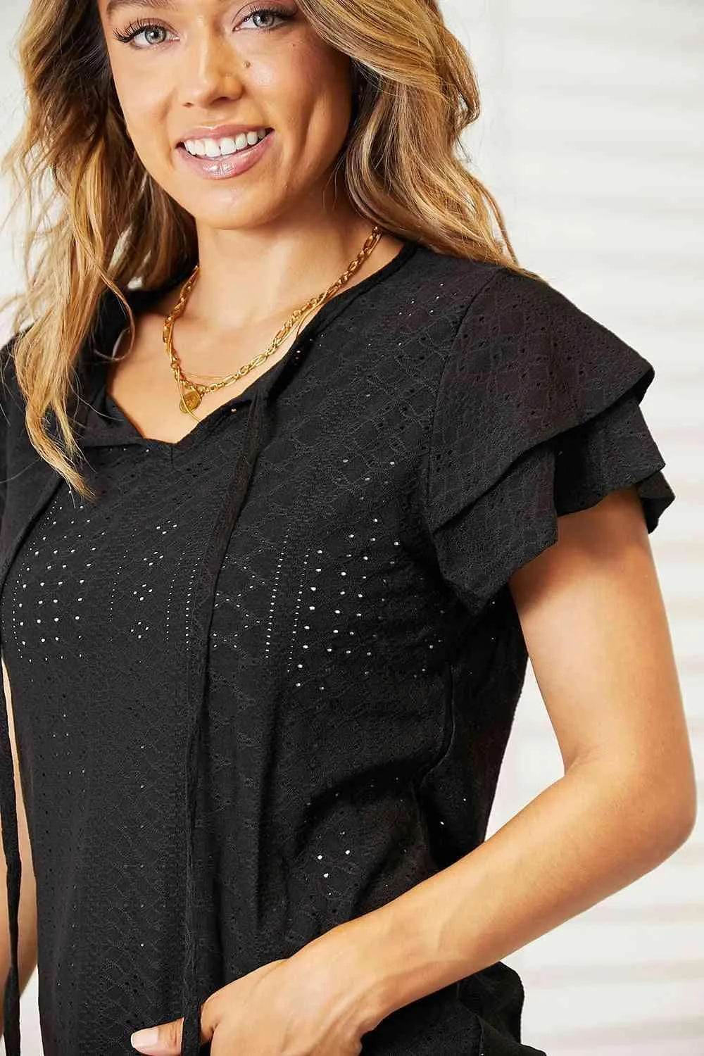 Bona Fide Fashion - Eyelet Tie-Neck Flutter Sleeve Blouse - Women Fashion - Bona Fide Fashion