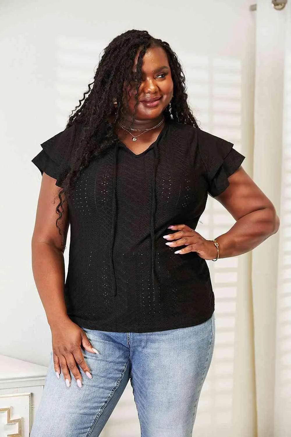 Bona Fide Fashion - Eyelet Tie-Neck Flutter Sleeve Blouse - Women Fashion - Bona Fide Fashion