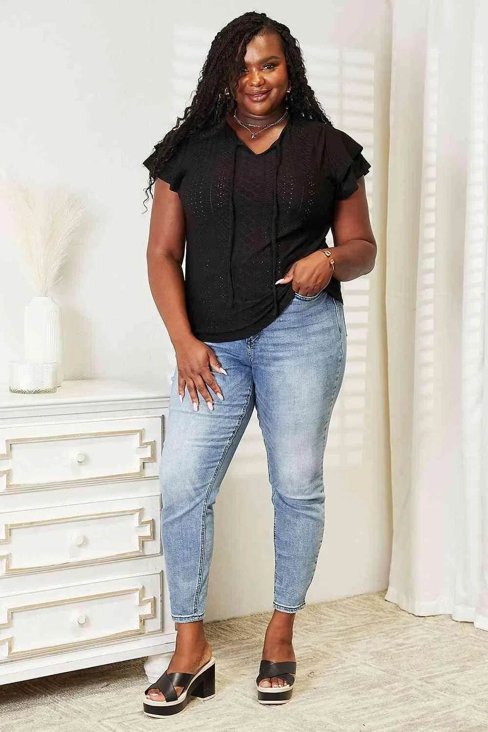 Bona Fide Fashion - Eyelet Tie-Neck Flutter Sleeve Blouse - Women Fashion - Bona Fide Fashion