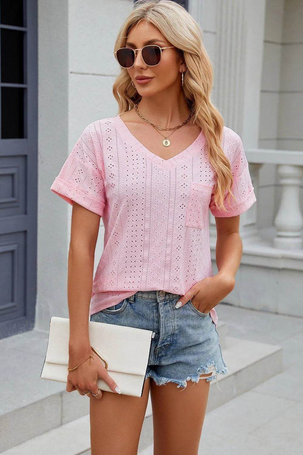 Eyelet V-Neck Short Sleeve T-Shirt – Feminine Casual Top for Women - Bona Fide Fashion