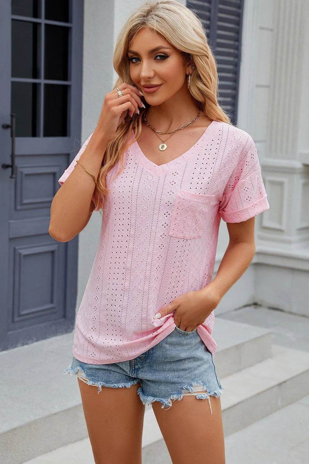 Eyelet V-Neck Short Sleeve T-Shirt – Feminine Casual Top for Women - Bona Fide Fashion