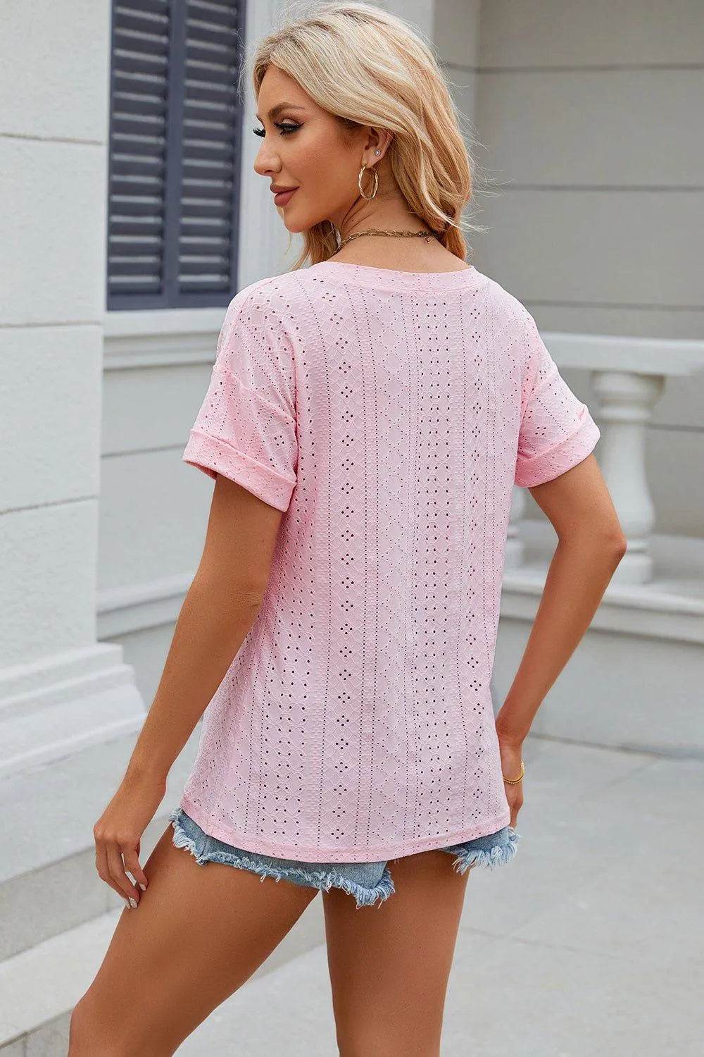 Eyelet V-Neck Short Sleeve T-Shirt – Feminine Casual Top for Women - Bona Fide Fashion