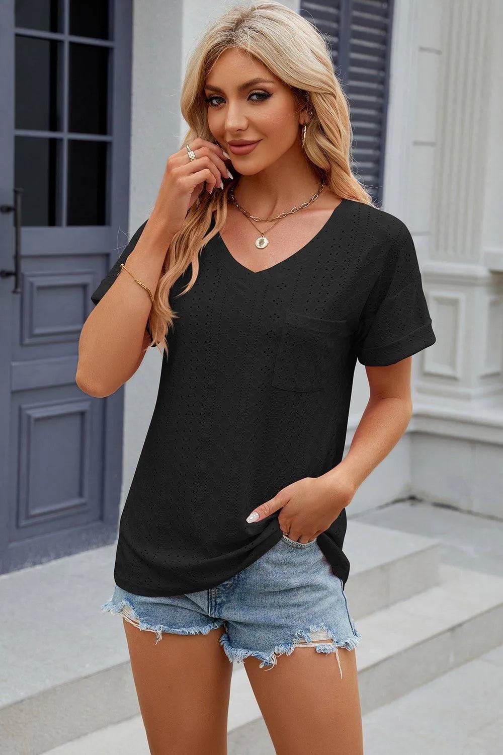 Eyelet V-Neck Short Sleeve T-Shirt – Feminine Casual Top for Women - Bona Fide Fashion