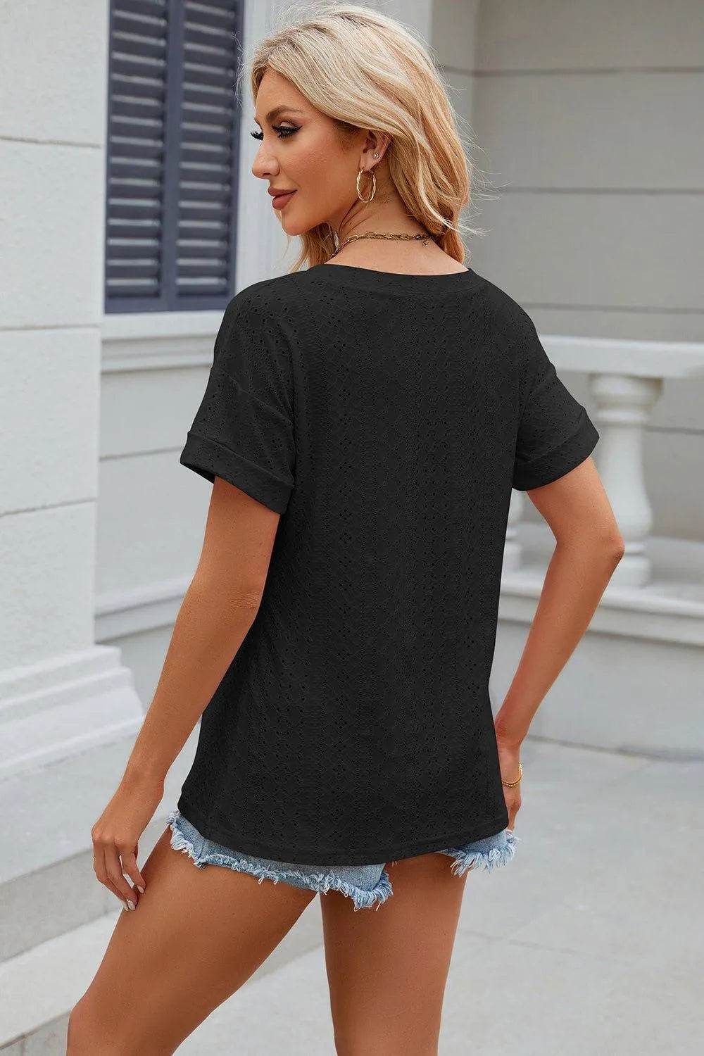 Eyelet V-Neck Short Sleeve T-Shirt – Feminine Casual Top for Women - Bona Fide Fashion