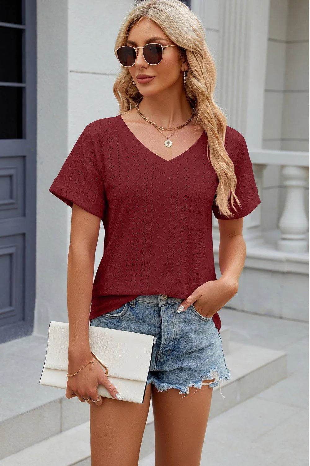 Eyelet V-Neck Short Sleeve T-Shirt – Feminine Casual Top for Women - Bona Fide Fashion