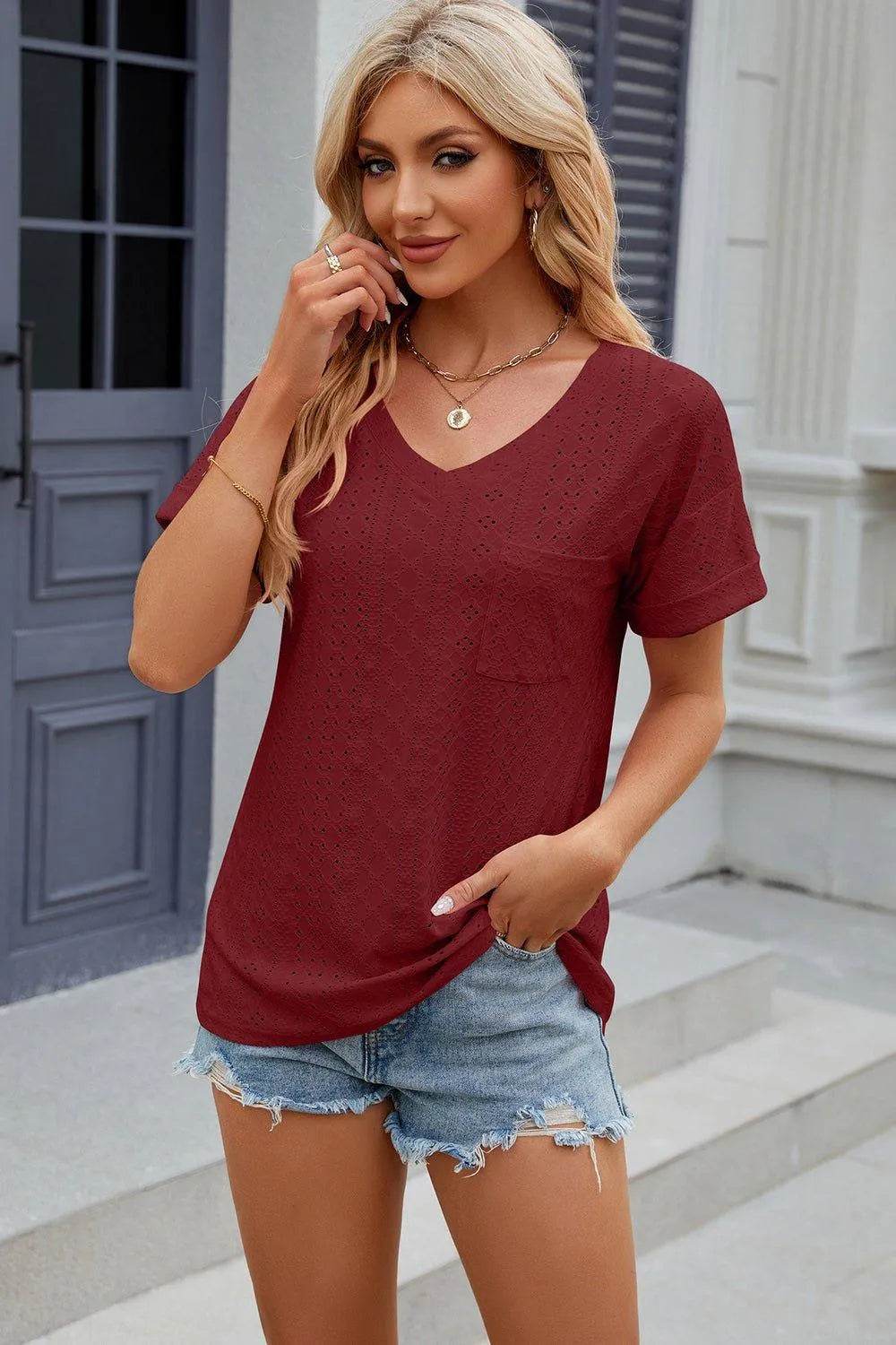 Eyelet V-Neck Short Sleeve T-Shirt – Feminine Casual Top for Women - Bona Fide Fashion