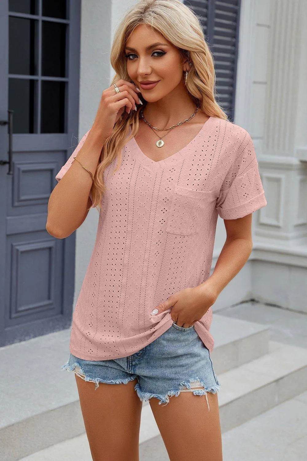 Eyelet V-Neck Short Sleeve T-Shirt – Feminine Casual Top for Women - Bona Fide Fashion