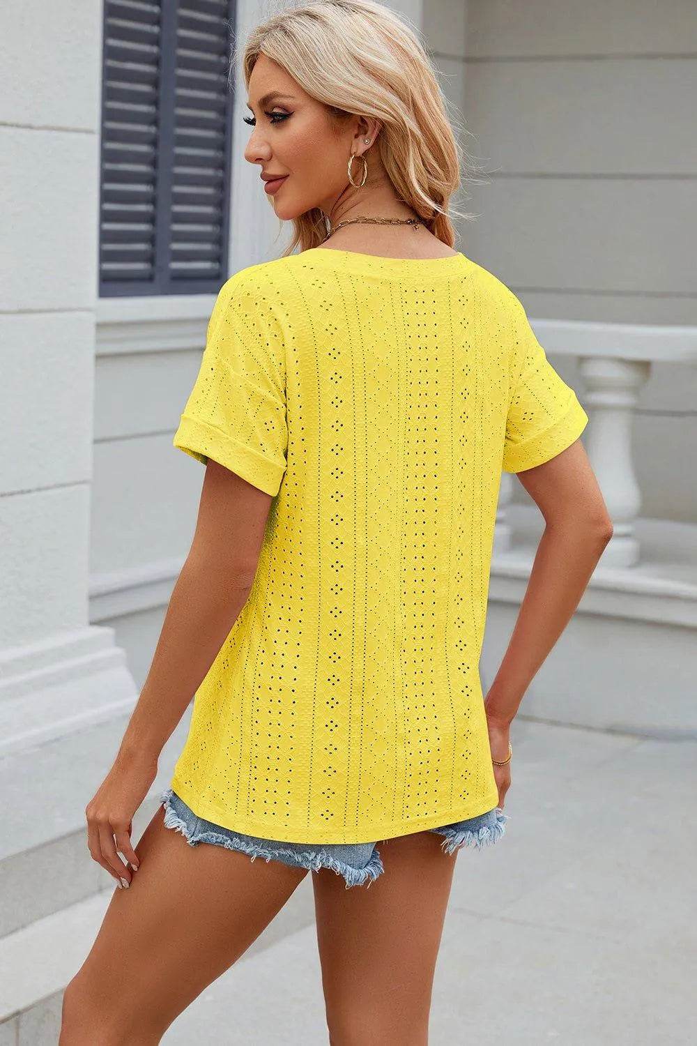 Eyelet V-Neck Short Sleeve T-Shirt – Feminine Casual Top for Women - Bona Fide Fashion