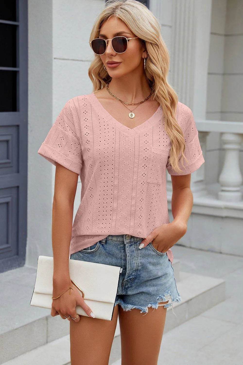 Eyelet V-Neck Short Sleeve T-Shirt – Feminine Casual Top for Women - Bona Fide Fashion