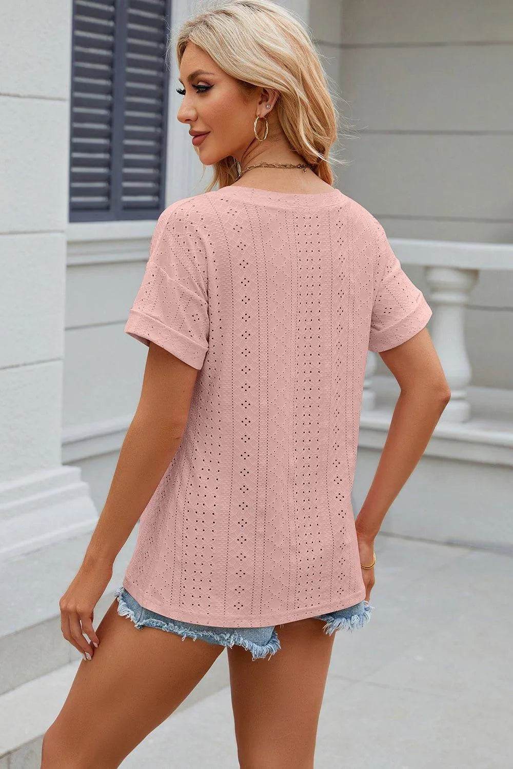 Eyelet V-Neck Short Sleeve T-Shirt – Feminine Casual Top for Women - Bona Fide Fashion
