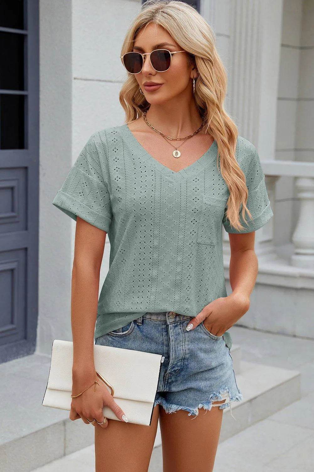 Eyelet V-Neck Short Sleeve T-Shirt – Feminine Casual Top for Women - Bona Fide Fashion