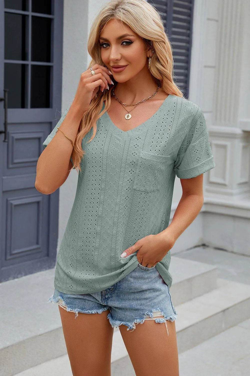 Eyelet V-Neck Short Sleeve T-Shirt – Feminine Casual Top for Women - Bona Fide Fashion
