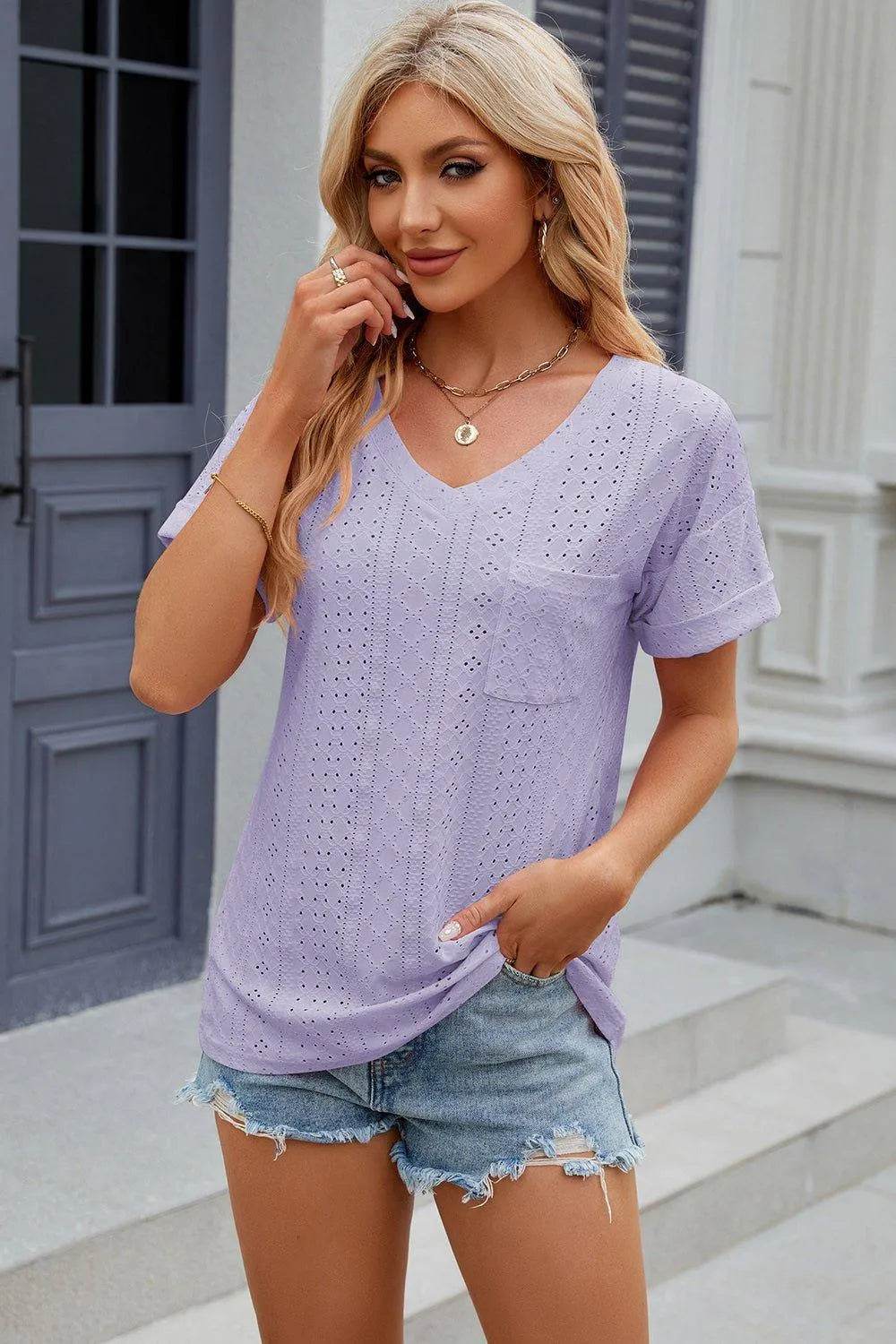 Eyelet V-Neck Short Sleeve T-Shirt – Feminine Casual Top for Women - Bona Fide Fashion