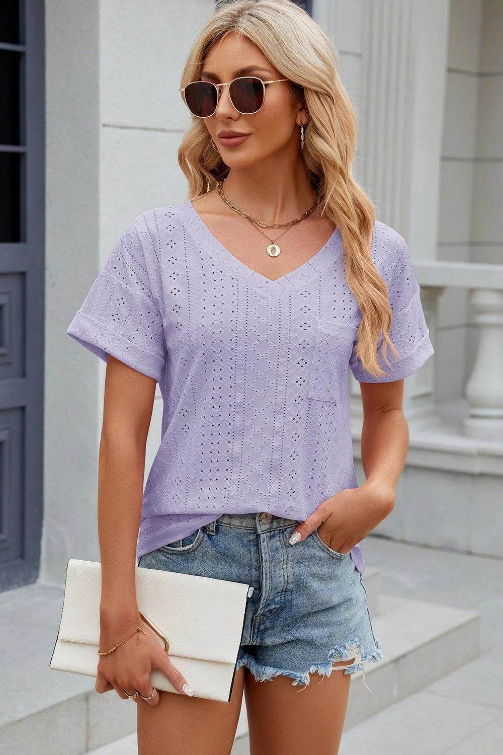 Eyelet V-Neck Short Sleeve T-Shirt – Feminine Casual Top for Women - Bona Fide Fashion