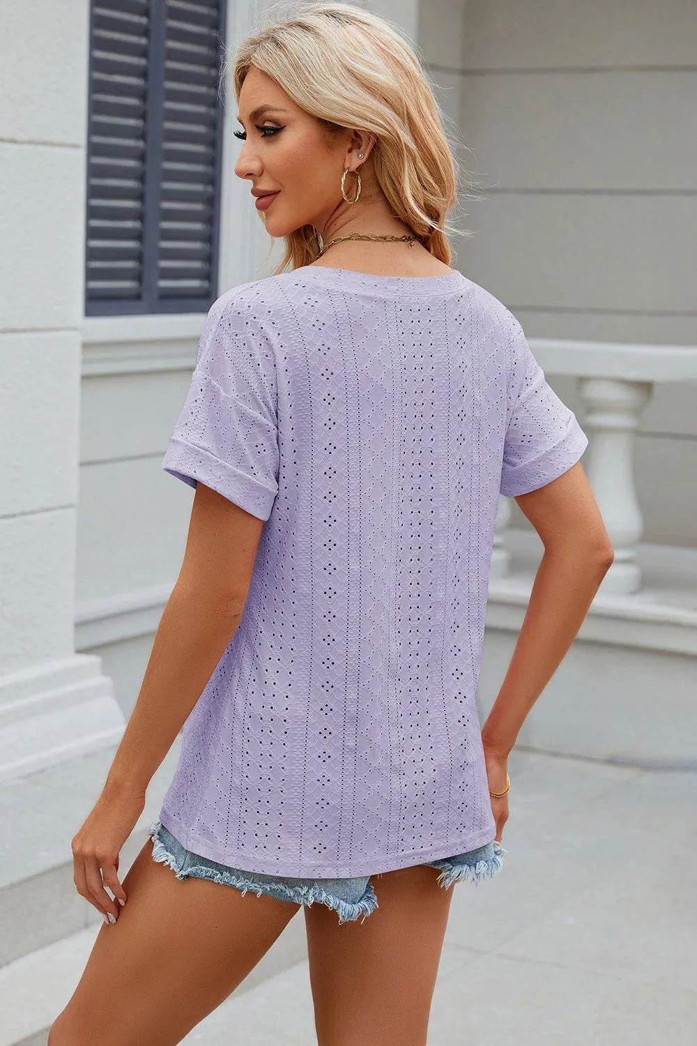 Eyelet V-Neck Short Sleeve T-Shirt – Feminine Casual Top for Women - Bona Fide Fashion