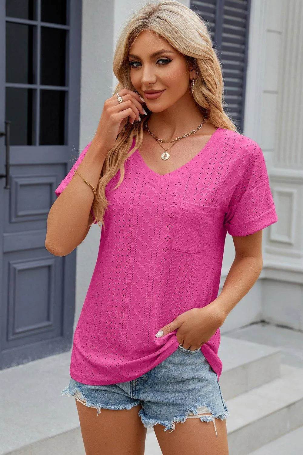 Eyelet V-Neck Short Sleeve T-Shirt – Feminine Casual Top for Women - Bona Fide Fashion
