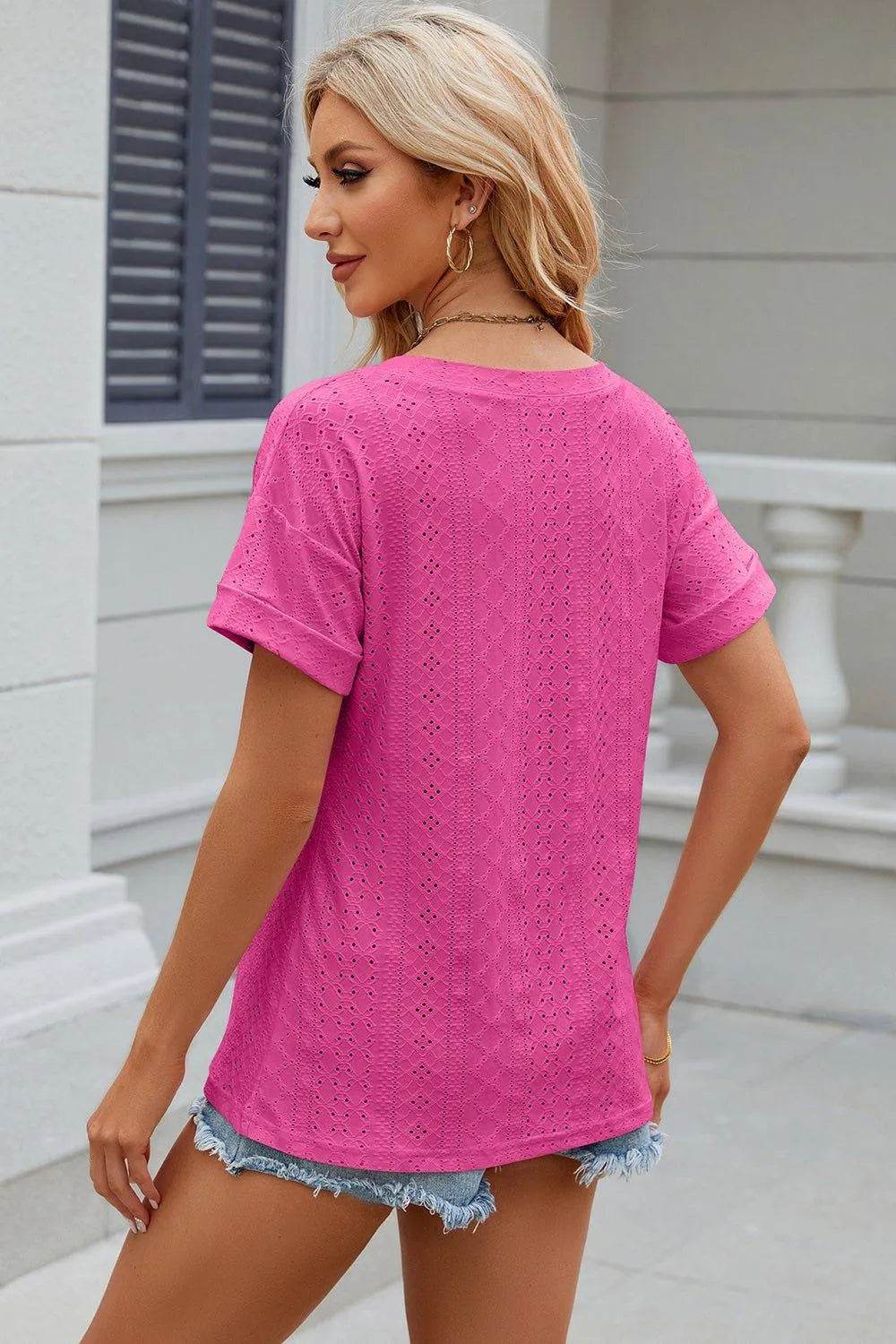 Eyelet V-Neck Short Sleeve T-Shirt – Feminine Casual Top for Women - Bona Fide Fashion