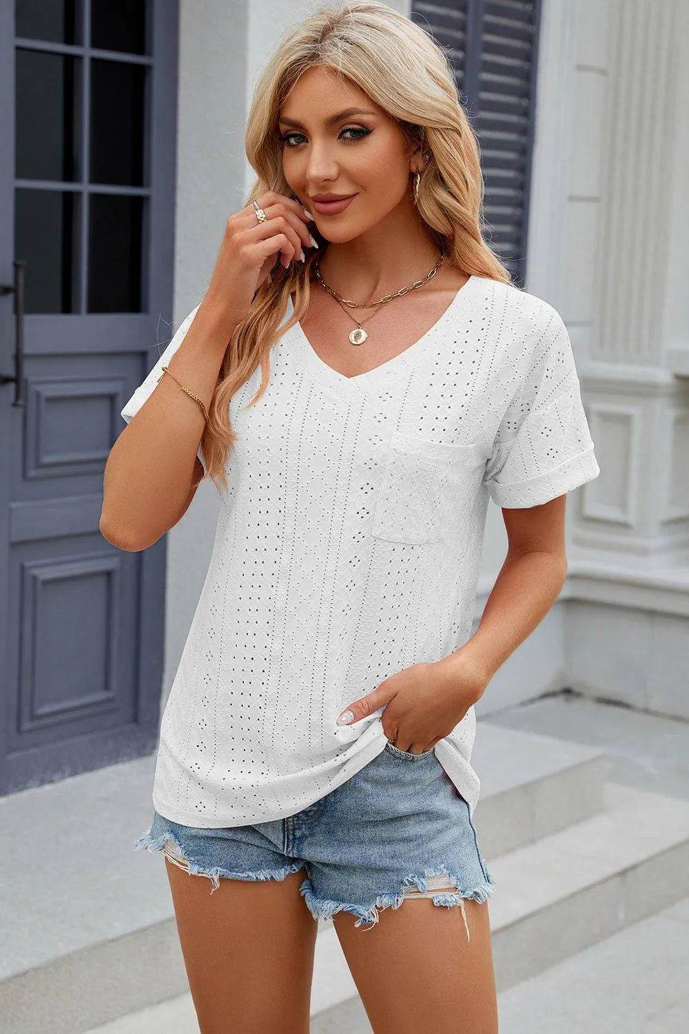 Eyelet V-Neck Short Sleeve T-Shirt – Feminine Casual Top for Women - Bona Fide Fashion