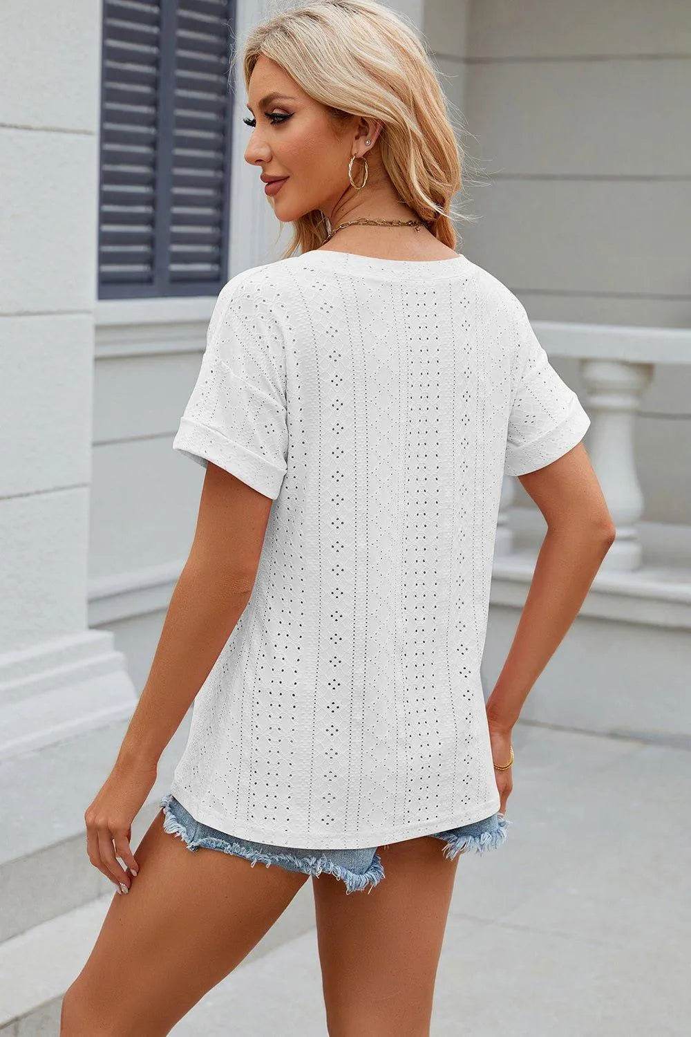 Eyelet V-Neck Short Sleeve T-Shirt – Feminine Casual Top for Women - Bona Fide Fashion