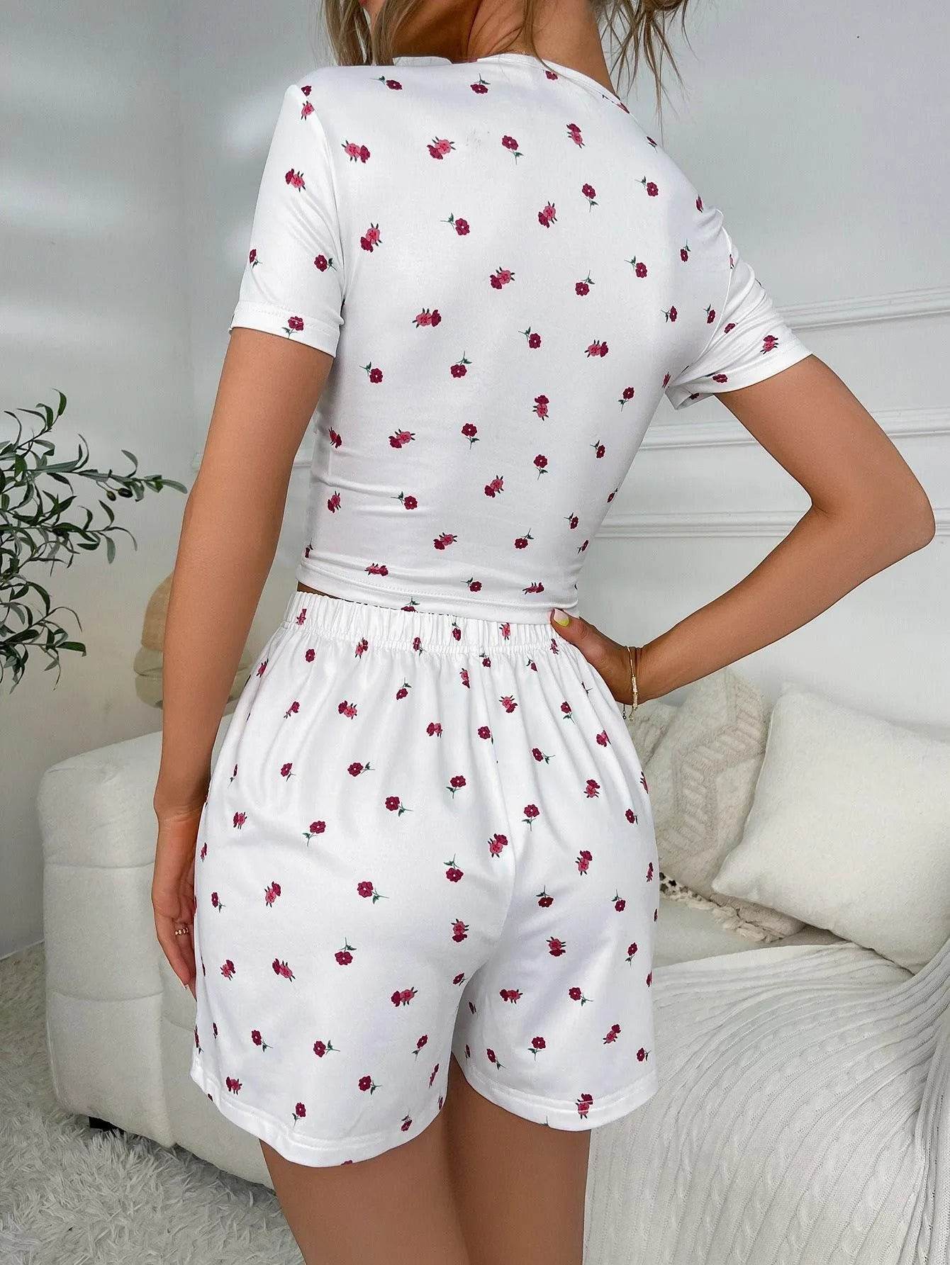 Floral Ruched T-Shirt and Shorts Lounge Set – Cozy 2-Piece Loungewear for Women - Bona Fide Fashion