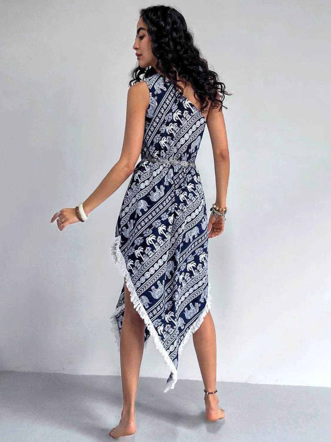 Bona Fide Fashion - Fringe Printed Single Shoulder Dress - Women Fashion - Bona Fide Fashion