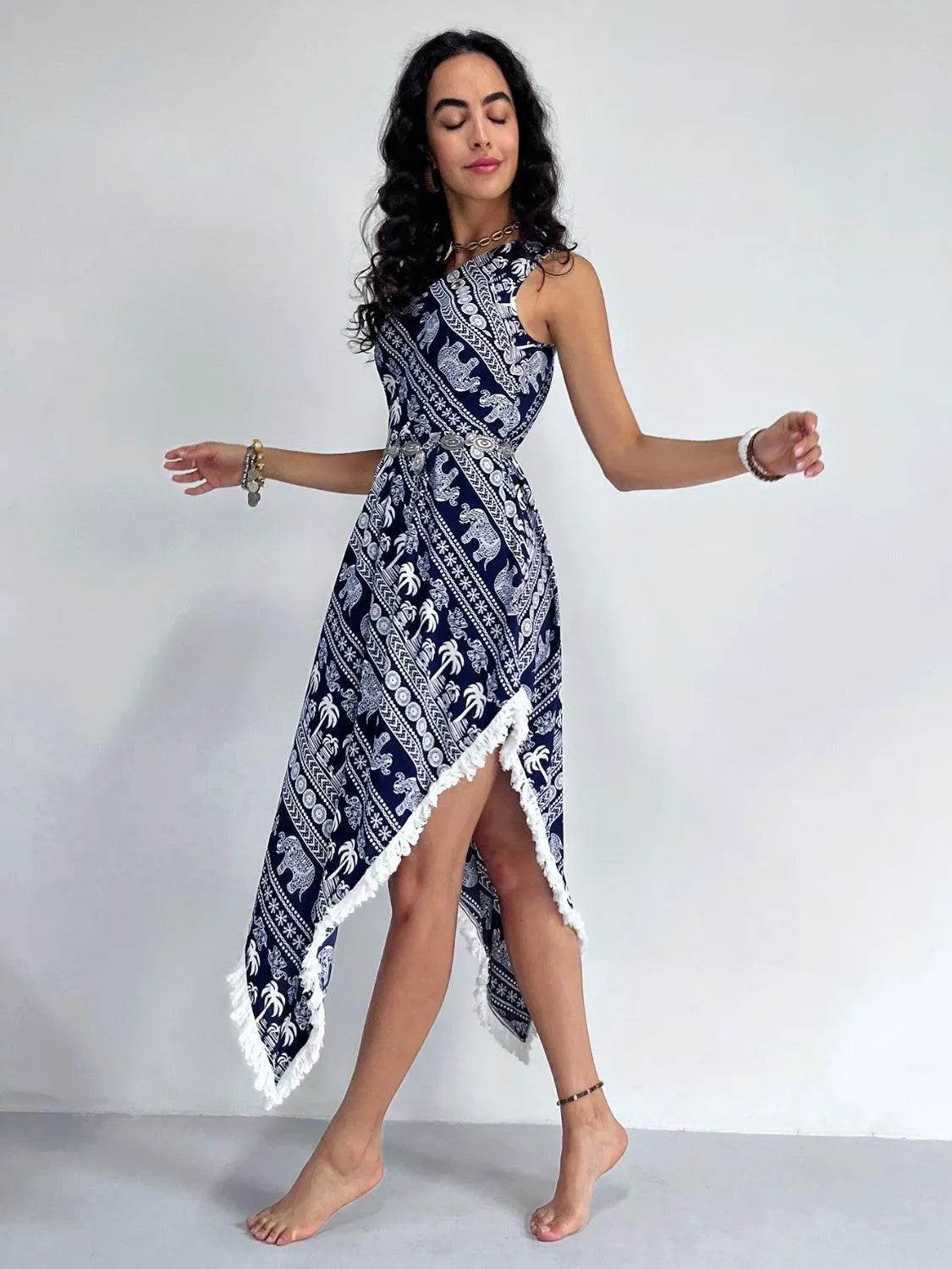Bona Fide Fashion - Fringe Printed Single Shoulder Dress - Women Fashion - Bona Fide Fashion