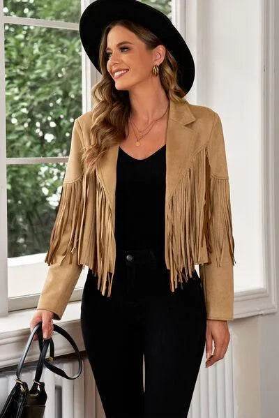 Bona Fide Fashion - Fringe Trim Lapel Collar Cropped Blazer - Women Fashion - Bona Fide Fashion