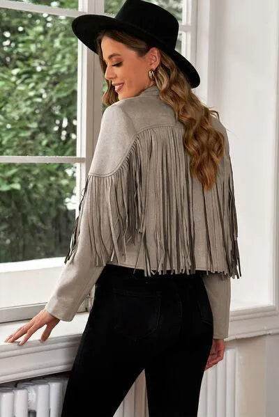 Bona Fide Fashion - Fringe Trim Lapel Collar Cropped Blazer - Women Fashion - Bona Fide Fashion
