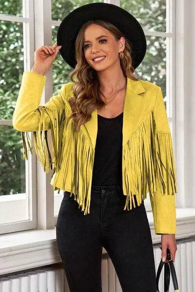 Bona Fide Fashion - Fringe Trim Lapel Collar Cropped Blazer - Women Fashion - Bona Fide Fashion