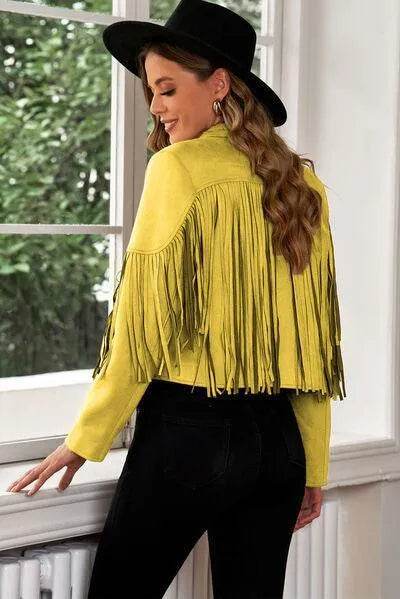 Bona Fide Fashion - Fringe Trim Lapel Collar Cropped Blazer - Women Fashion - Bona Fide Fashion
