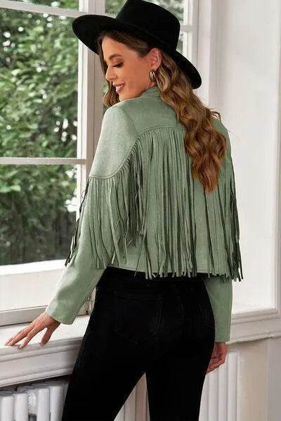 Bona Fide Fashion - Fringe Trim Lapel Collar Cropped Blazer - Women Fashion - Bona Fide Fashion