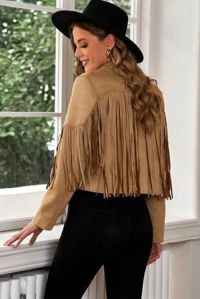 Bona Fide Fashion - Fringe Trim Lapel Collar Cropped Blazer - Women Fashion - Bona Fide Fashion