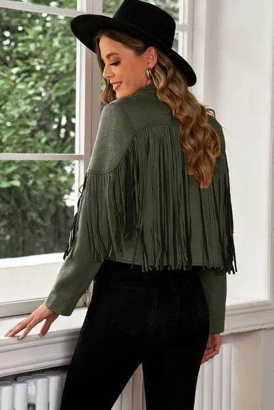 Bona Fide Fashion - Fringe Trim Lapel Collar Cropped Blazer - Women Fashion - Bona Fide Fashion