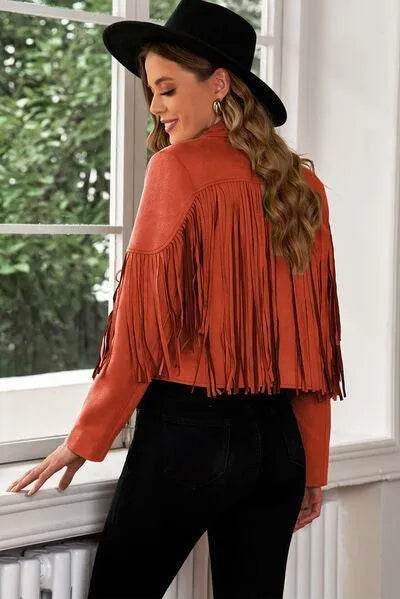 Bona Fide Fashion - Fringe Trim Lapel Collar Cropped Blazer - Women Fashion - Bona Fide Fashion