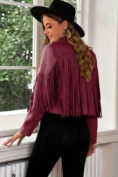 Bona Fide Fashion - Fringe Trim Lapel Collar Cropped Blazer - Women Fashion - Bona Fide Fashion