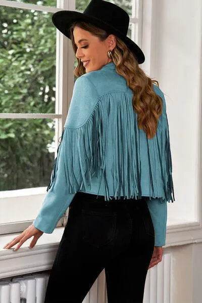 Bona Fide Fashion - Fringe Trim Lapel Collar Cropped Blazer - Women Fashion - Bona Fide Fashion