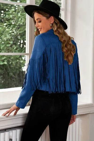 Bona Fide Fashion - Fringe Trim Lapel Collar Cropped Blazer - Women Fashion - Bona Fide Fashion