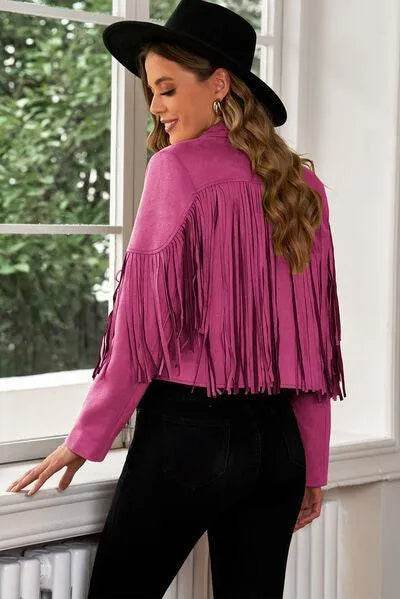Bona Fide Fashion - Fringe Trim Lapel Collar Cropped Blazer - Women Fashion - Bona Fide Fashion