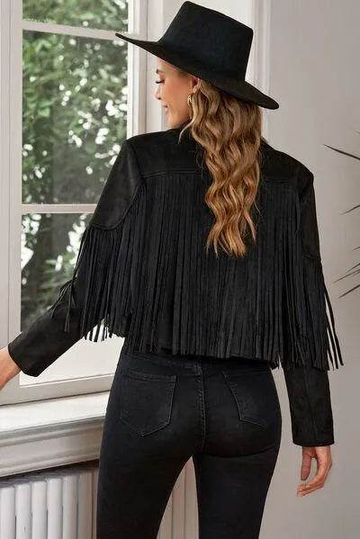 Bona Fide Fashion - Fringe Trim Lapel Collar Cropped Blazer - Women Fashion - Bona Fide Fashion