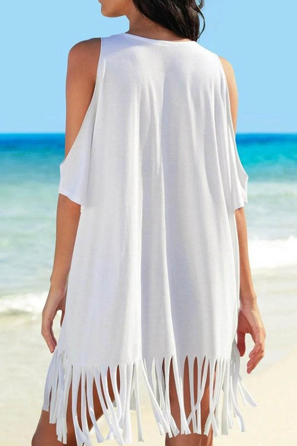 Fringe V-Neck Cold Shoulder Cover-Up – Flowy & Beach-Ready Vibes | Bona Fide Fashion - Bona Fide Fashion