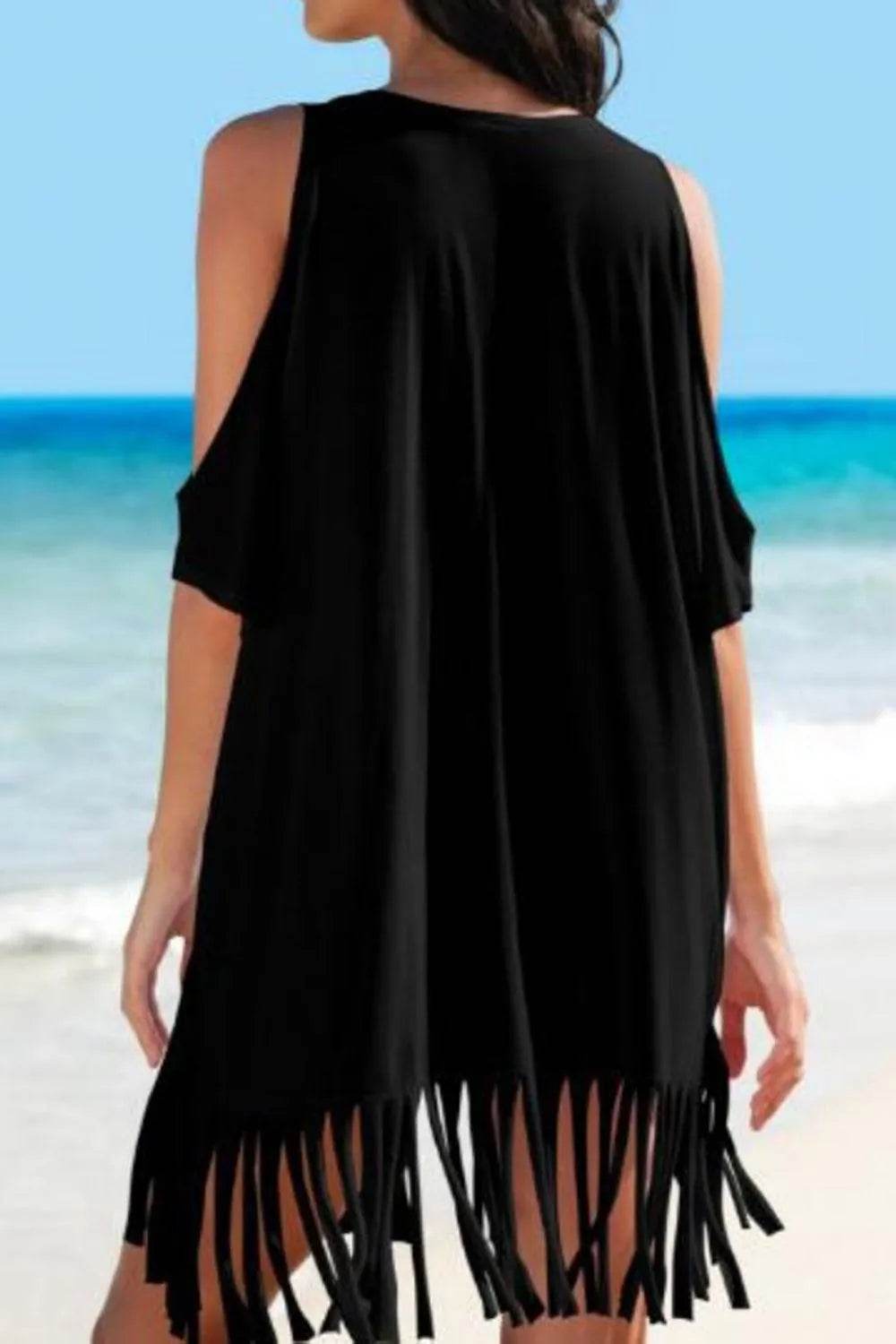 Fringe V-Neck Cold Shoulder Cover-Up – Flowy & Beach-Ready Vibes | Bona Fide Fashion - Bona Fide Fashion