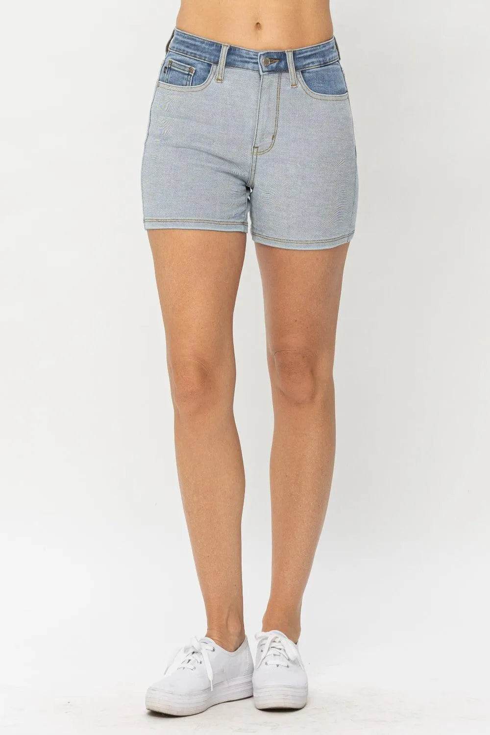 Bona Fide Fashion - Full Size Color Block Denim Shorts - Women Fashion - Bona Fide Fashion