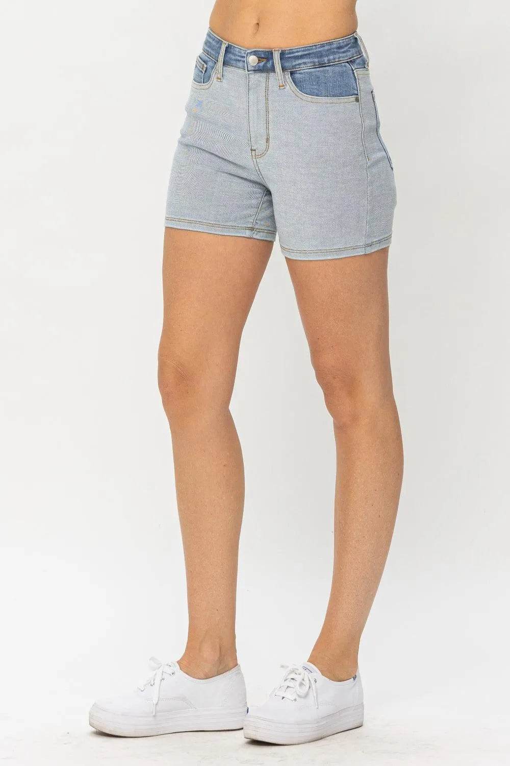 Bona Fide Fashion - Full Size Color Block Denim Shorts - Women Fashion - Bona Fide Fashion