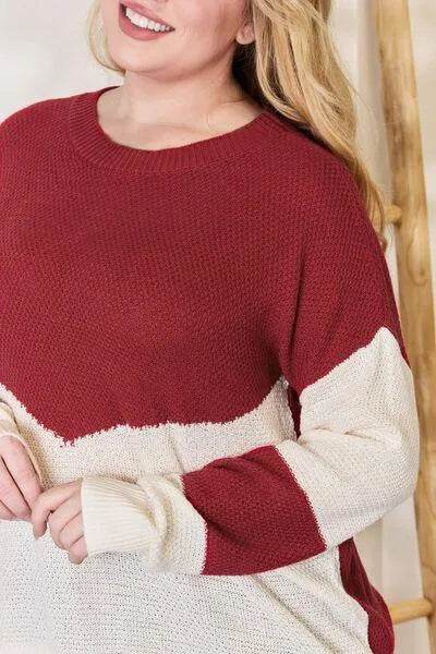 Bona Fide Fashion - Full Size Color Block Dropped Shoulder Knit Top - Women Fashion - Bona Fide Fashion