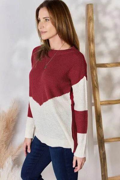 Bona Fide Fashion - Full Size Color Block Dropped Shoulder Knit Top - Women Fashion - Bona Fide Fashion