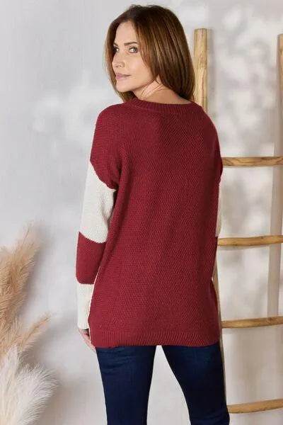Bona Fide Fashion - Full Size Color Block Dropped Shoulder Knit Top - Women Fashion - Bona Fide Fashion