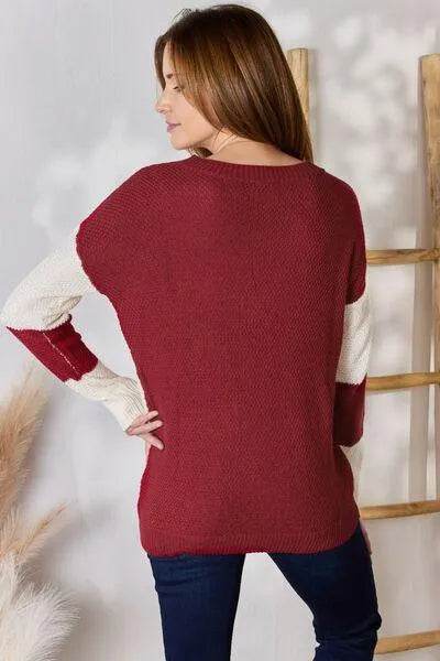 Bona Fide Fashion - Full Size Color Block Dropped Shoulder Knit Top - Women Fashion - Bona Fide Fashion